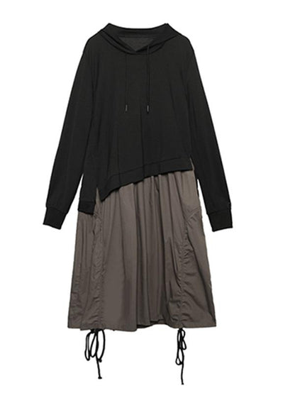Retro False Two Split-joint Drawstring Sweatshirt Dress
