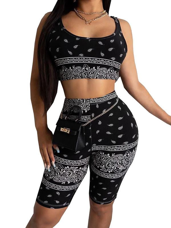 Wrap Printed Exposed Navel Tank&Shorts Yoga Suits