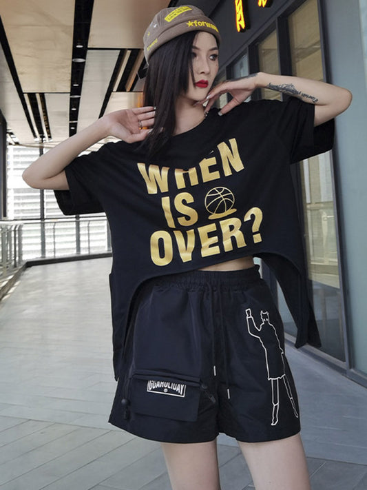 Stylish Letter&Character Print Asymmetric Short T-Shirt
