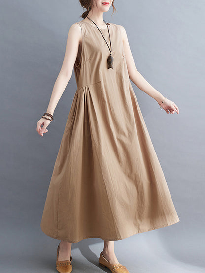 Simple Casual Loose Solid Color Pleated Midi Dress