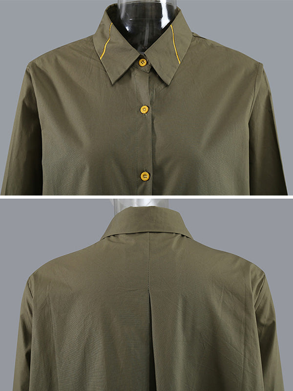 Casual Split-Joint Buttoned Lapel Collar Long Sleeves Midi Shirt Dress