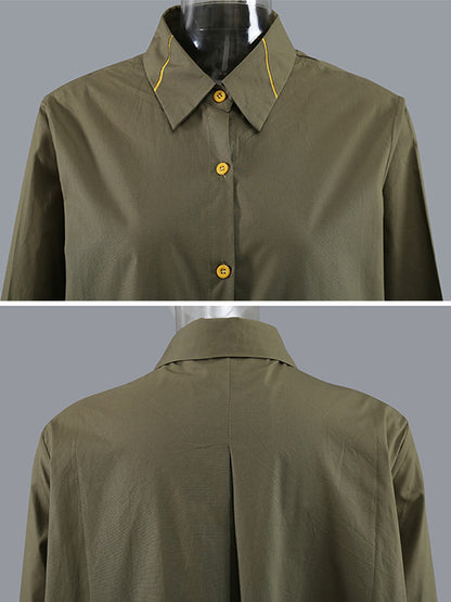 Casual Split-Joint Buttoned Lapel Collar Long Sleeves Midi Shirt Dress