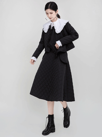 Original Black Asymmetric Rhombic Vintage Cotton-Padded Coat