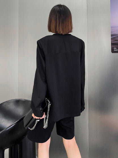Cool Solid Color Split-Joint With Chain Round-Neck Long Sleeves T-Shirt