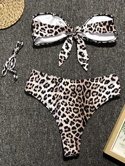 Leopard Print Bowknot High Waisted Bikini Swimsuit
