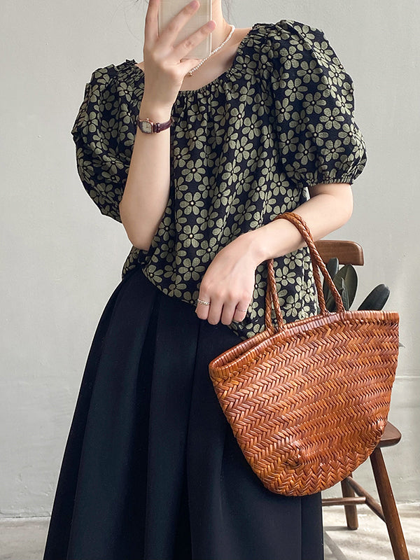 Loose Puff Sleeves Floral Printed T-Shirt