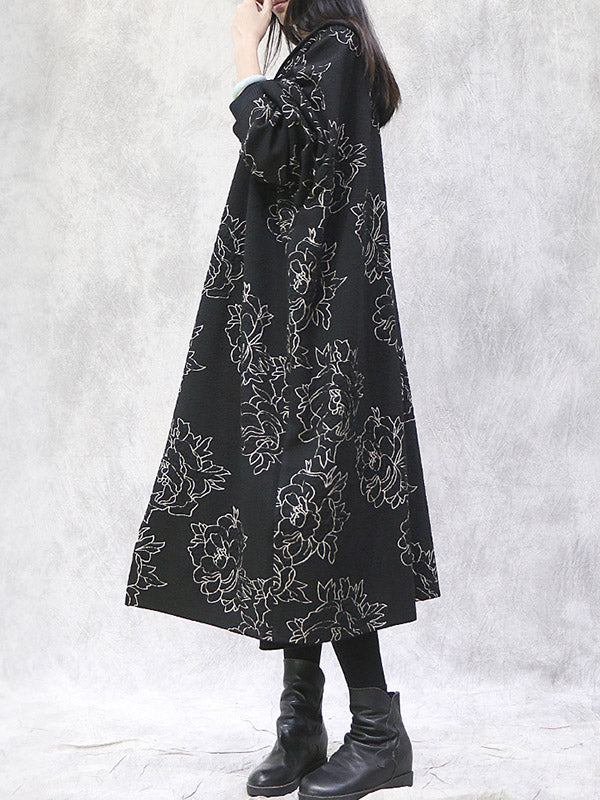 Vintage Loose Irregular Floral Printed Hooded Outwear