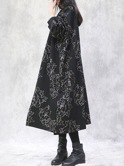 Vintage Loose Irregular Floral Printed Hooded Outwear