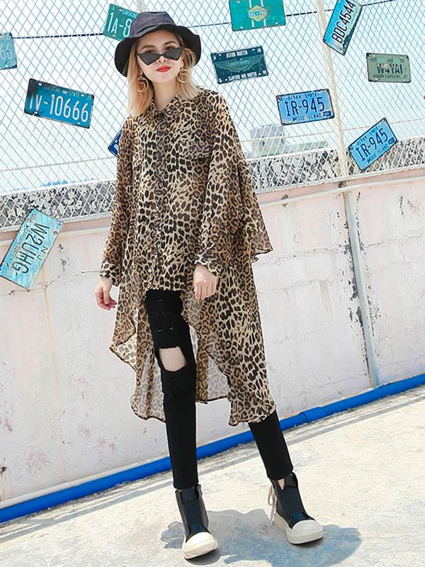 Leopard Chiffon Loose High-low Light Shirt Top