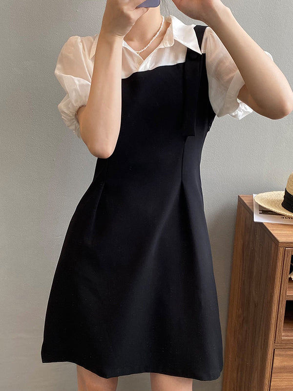 Urban Puff Sleeves Contrast Color False Two Mini Dress
