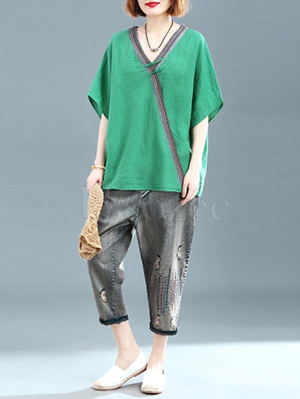 Loose Linen Frog V-neck T-shirt