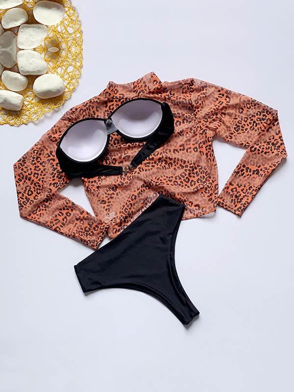 Leopard Print Net Yarn Long Sleeve Three-Piece Bikini Swimsuit
