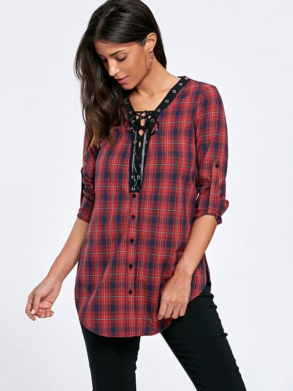 Vintage Bandage Plaid Blouses&Shirts Tops