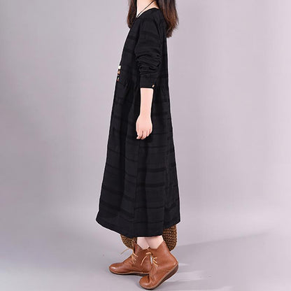 Buykud Comfortable Round Neck Casual Striped Loose Dress