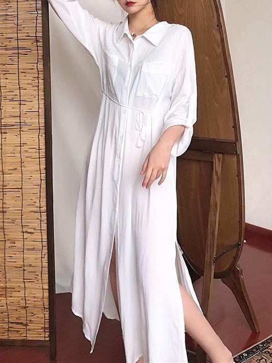 Summer Solid Lapel Maxi Dresses