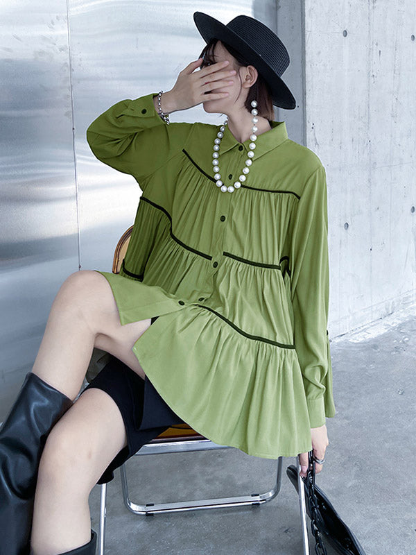 Original Buttoned Pleated Lapel Long Sleeves Blouse Tops