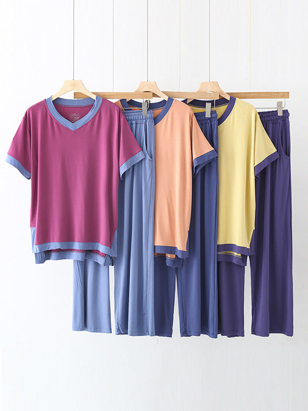 Comfortable Short Sleeve V-Neck T-Shirt&Pants Pajama Set