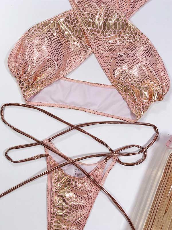Snake-Print Bandage Split Bikini Swimsuit