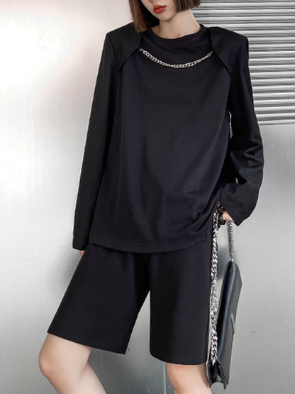 Cool Solid Color Split-Joint With Chain Round-Neck Long Sleeves T-Shirt