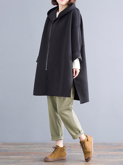 Casual Loose Solid Color Zipper Hooded Batwing Sleeves Outwear