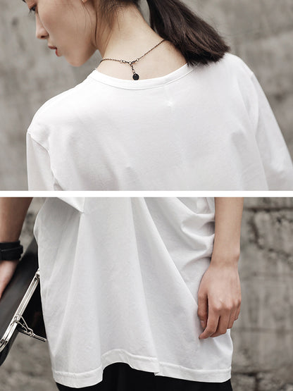 Simple Solid Color Asymmetric Pleated Short Sleeves Round-Neck T-Shirt