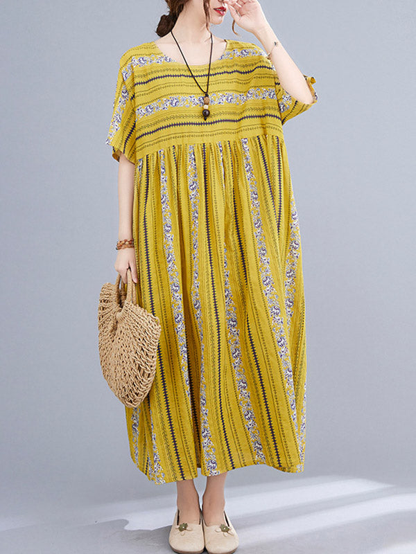 Vintage Striped Printed Round-Neck Short Sleeves Midi Dress