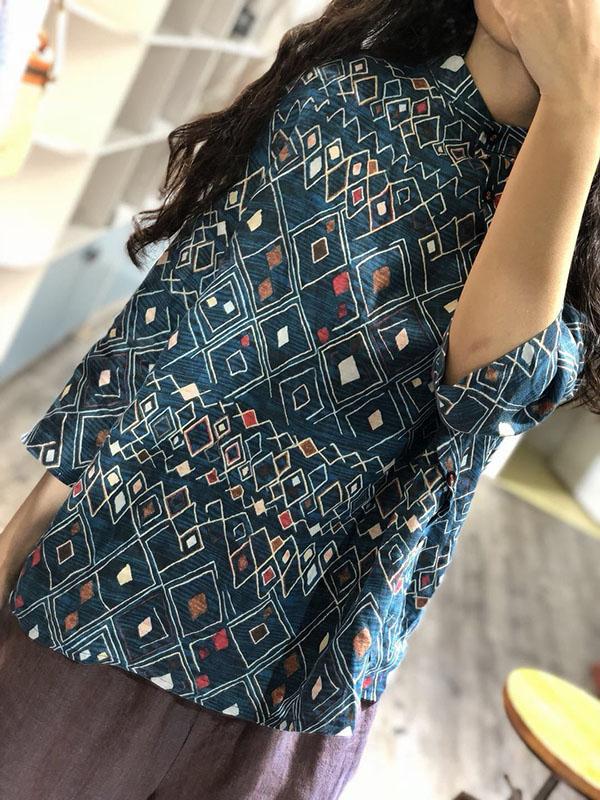 Fresh Oblique Printed Linen Blouses