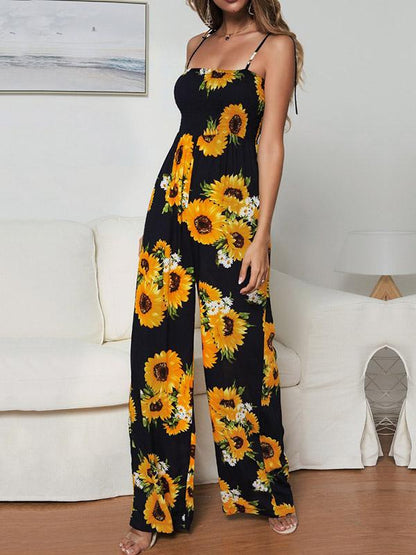 Sunflower Printed Spaghetti-neck Jumpsuits