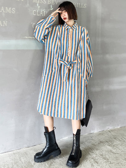 Original Stylish Striped Contrast Color Tied Buttoned Split-Side Lapel Collar Long Sleeves Midi Shirt Dress