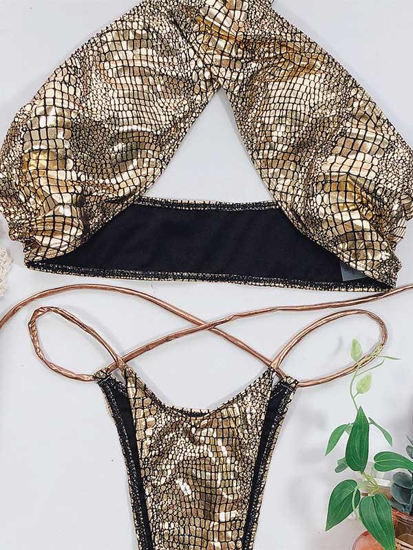 Snake-Print Bandage Split Bikini Swimsuit