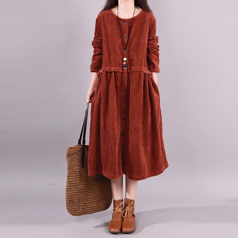 Buykud Long Sleeve Round Neck Corduroy Casual Midi Dress