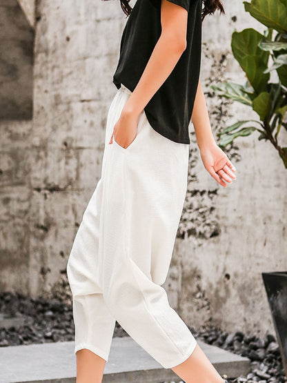 Casual Loose Ramie Cotton Solid Color Elasticity Waist Wide Legs Harem Pants