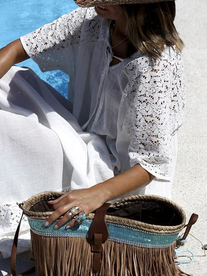 White Hollow Split-joint Maxi Dress