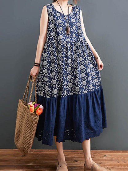 Loose Ramie Cotton National Printed Split-Joint Hollow Pleated Round-Neck Sleeveless Midi Dress