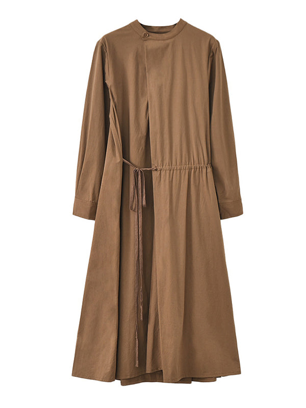 Casual Long Sleeves Loose Tied Asymmetric Solid Color Stand Collar Midi Dresses