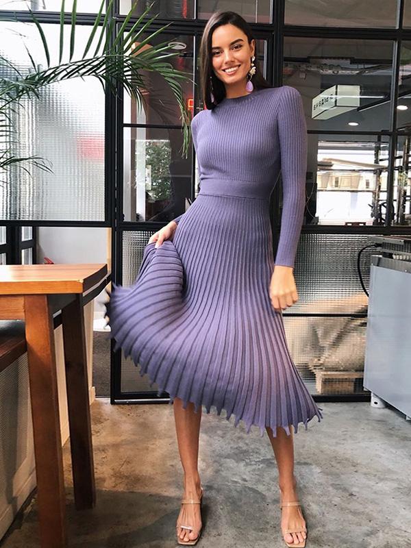 Solid Long-Sleeves Midi Dress