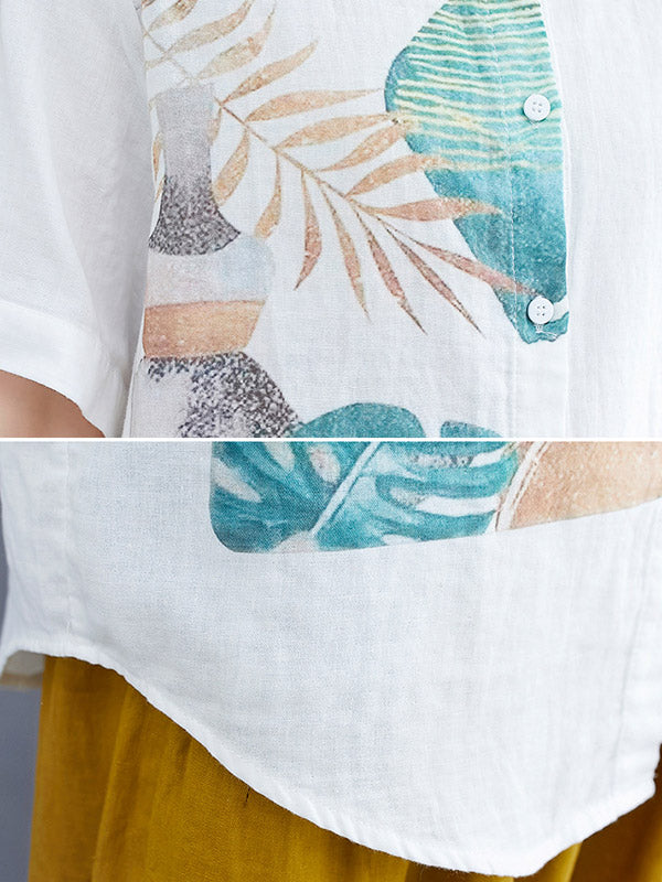 Original Leaves Printing Lapel Blouse