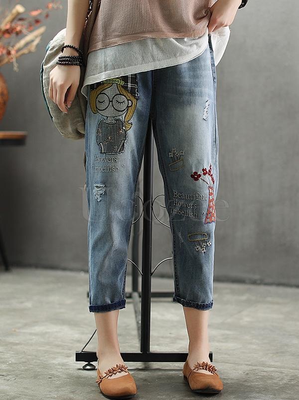 Casual Jean Embroidered Pants