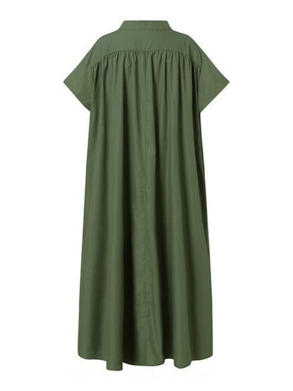 Urban Solid Color Split-Joint Pleated Short Sleeves Stand Collar Maxi Dress