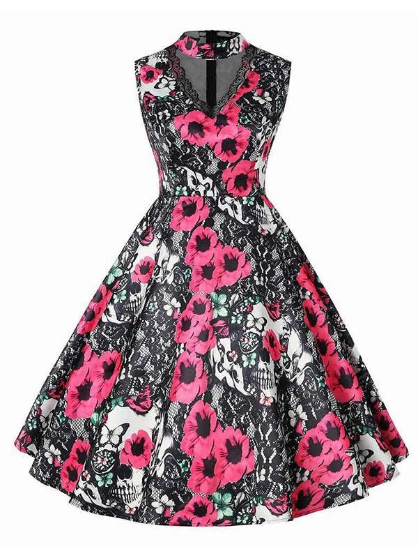 Vintage Printed Sleeveless A-Line Midi Dresses