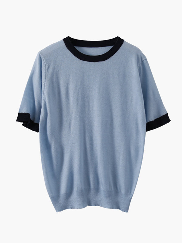 Casual Knitting Round-Neck Contrast Color T-Shirts Tops