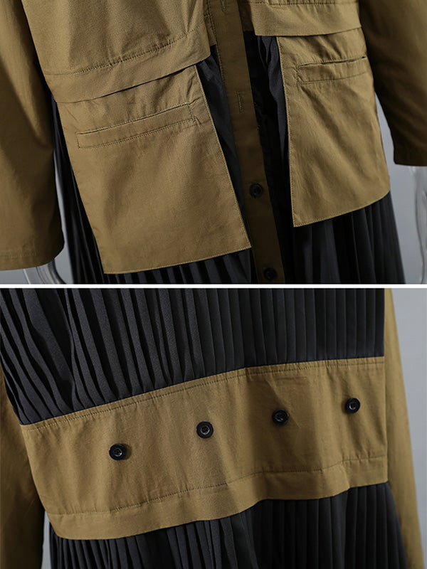 Original Pleated Split-Joint With Pocket Buttoned Lapel Collar Long Sleeves Midi Shirt Dress