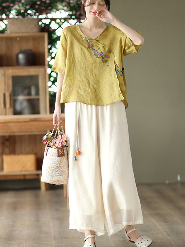 Vintage Artistic Retro Ramie Cotton Embroidered T-Shirt Top