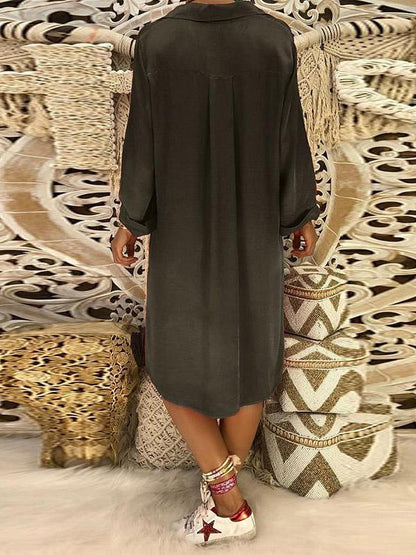 Loose V-neck Pocket Long Sleeves Midi Dress
