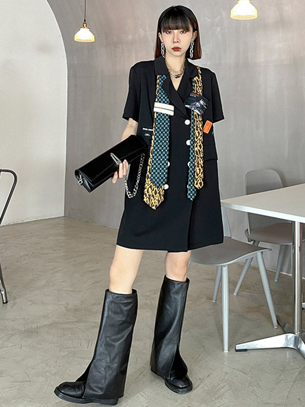 Stylish Buttoned Tie Split-Joint With Pocket Applique Notched Collar Short Sleeves Mini Shirt Dress