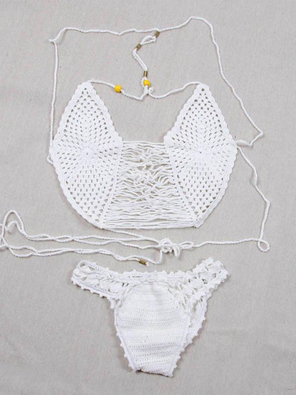Crochet Hollow  Backless Split Bikini Swimsuit