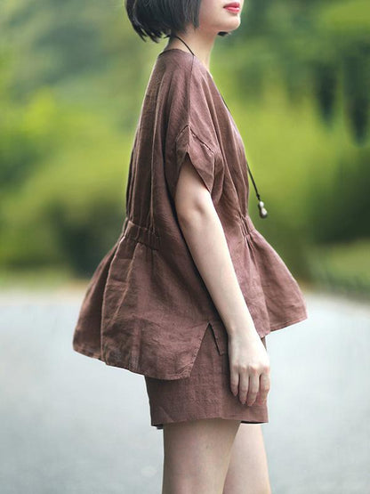 Loose Solid T-Shirt + Wide Leg Shorts Suit