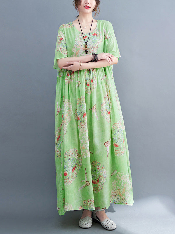 Loose Artistic Loose Floral Printed Pleated Midi Dress