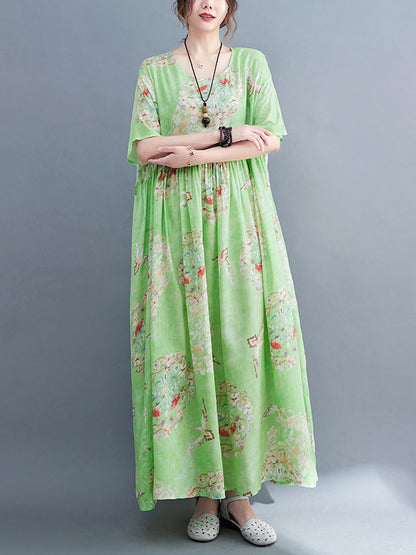 Loose Artistic Loose Floral Printed Pleated Midi Dress