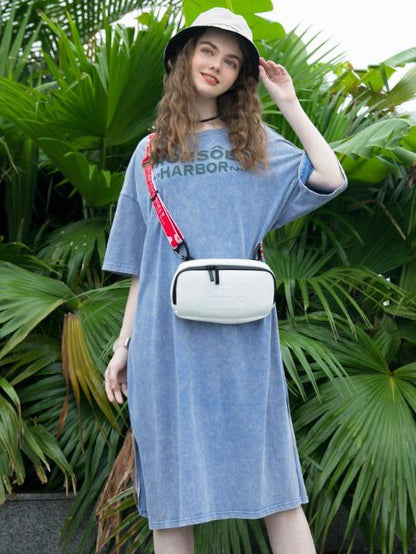 Solid Letter Printed Cotton Loose Split-side Midi Dress